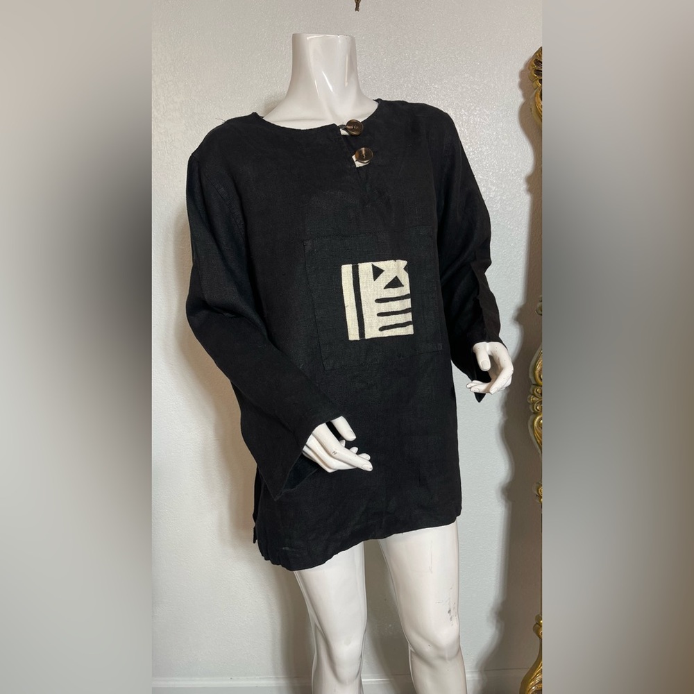💯 Linen My Tribe Black Long Sleeve Top with Geometric Cream Detail